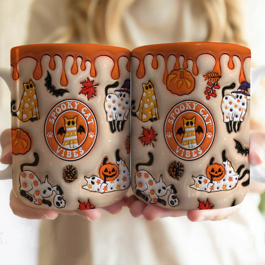 Petthouse | Spooky Cat Vibes Mug, Spooky Season 3d Inflated Effect Printed Mug, Cute Cat Ghost Mug