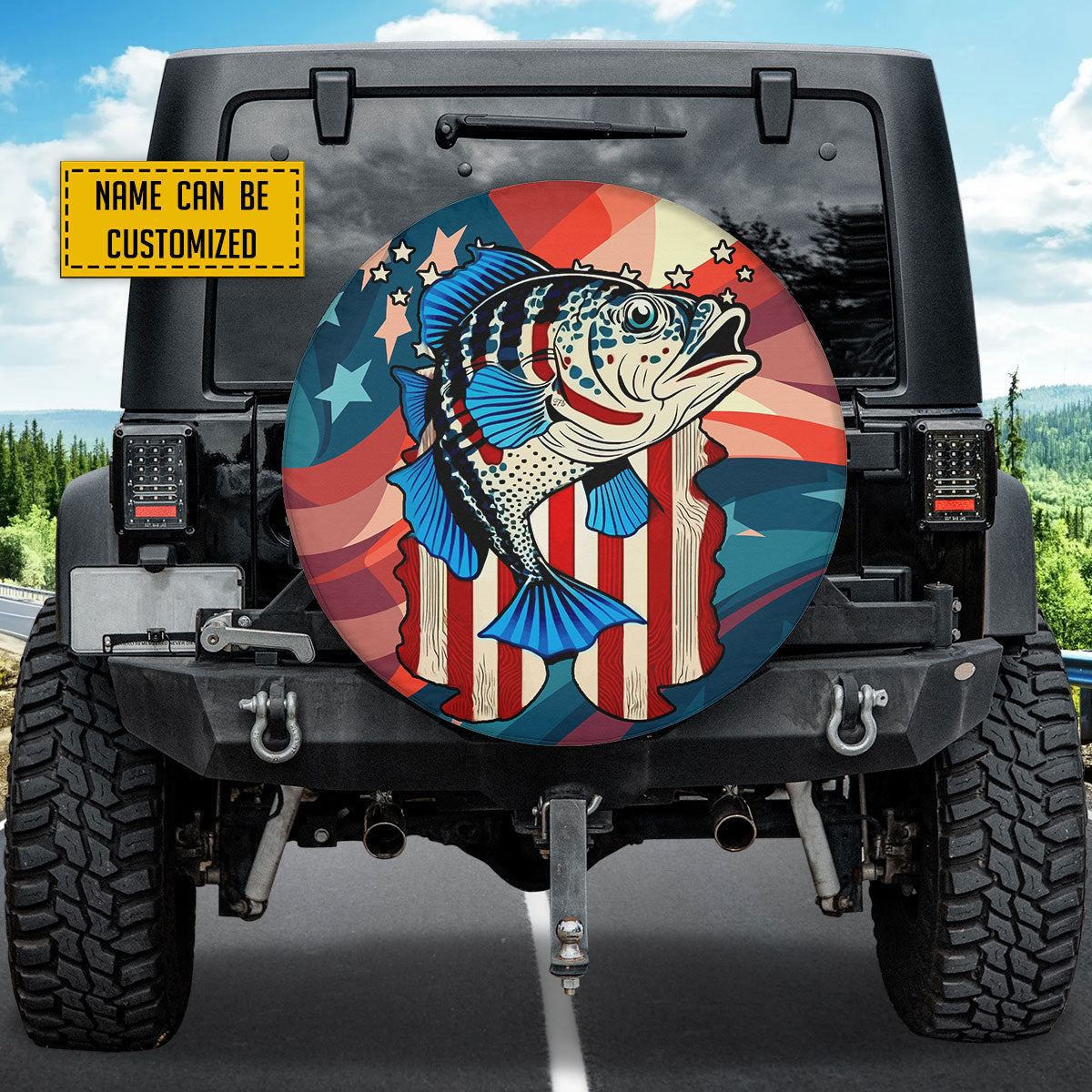 Petthouse | Customized Name Large Mouth Bass Fishing Usa Flag Spare Tire Cover Patriotic Fish Tire Protector Car