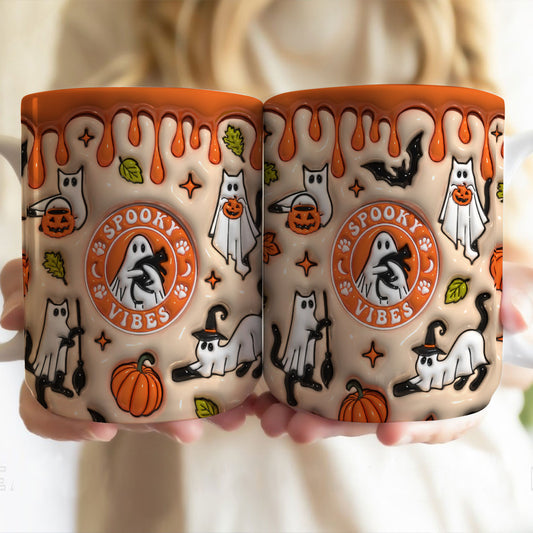 Petthouse | Halloween Cat Spooky Vibes Mug, Ghost Cat Halloween Inflated 3d Ceramic Mug, Spooky Vibes Mug