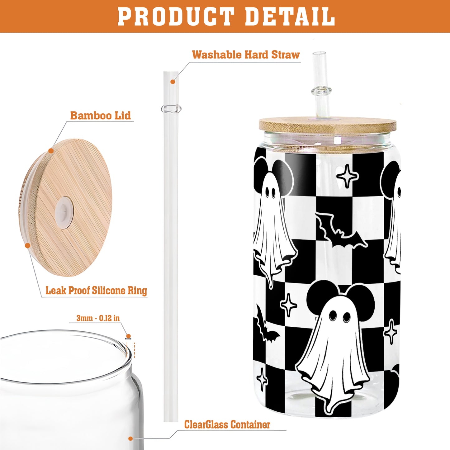 Petthouse | Ghost Mouse Halloween Glass Can, Halloween Mouse Glass Can Wrap, Checkered Ghost, Checkerboard