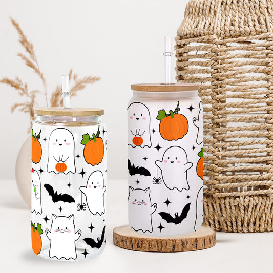 Petthouse | Cute Ghost Glass Can, Pumpkin Spice Coffee Cup, Spooky Vibes Glass Cup, Ghost Boo Spooky Vibes