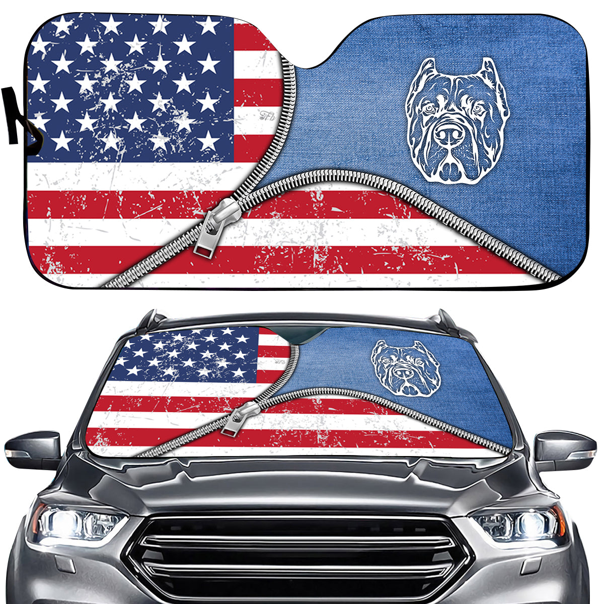 Petthouse | Dog Sunshade Pitbull Dog Denim American Car Sunshade American Patriot Windshield Sun Shade