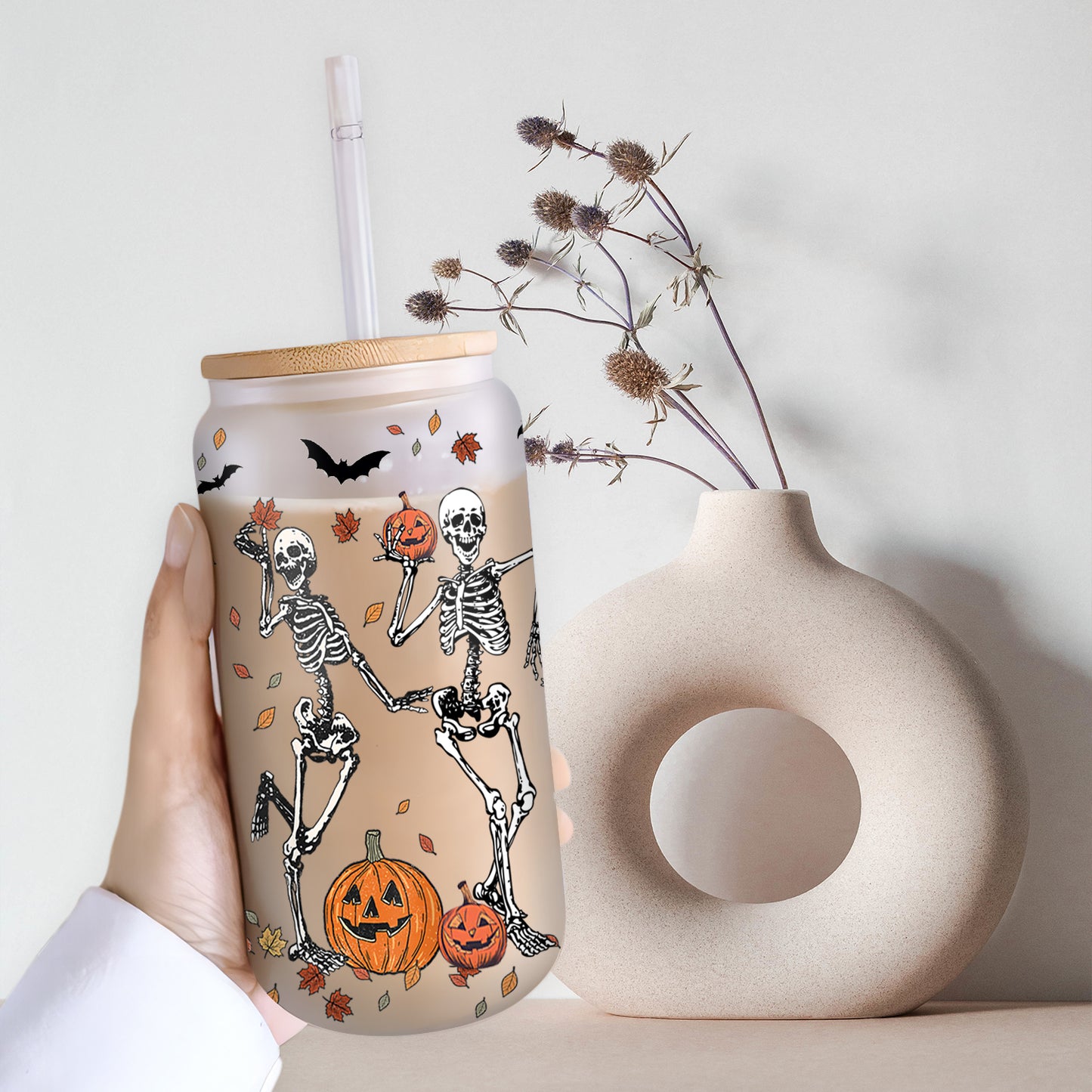 Petthouse | Skeleton Dancing Halloween Glass Can, Skeleton Halloween Iced Coffee Cup, Skeleton Dance Fall