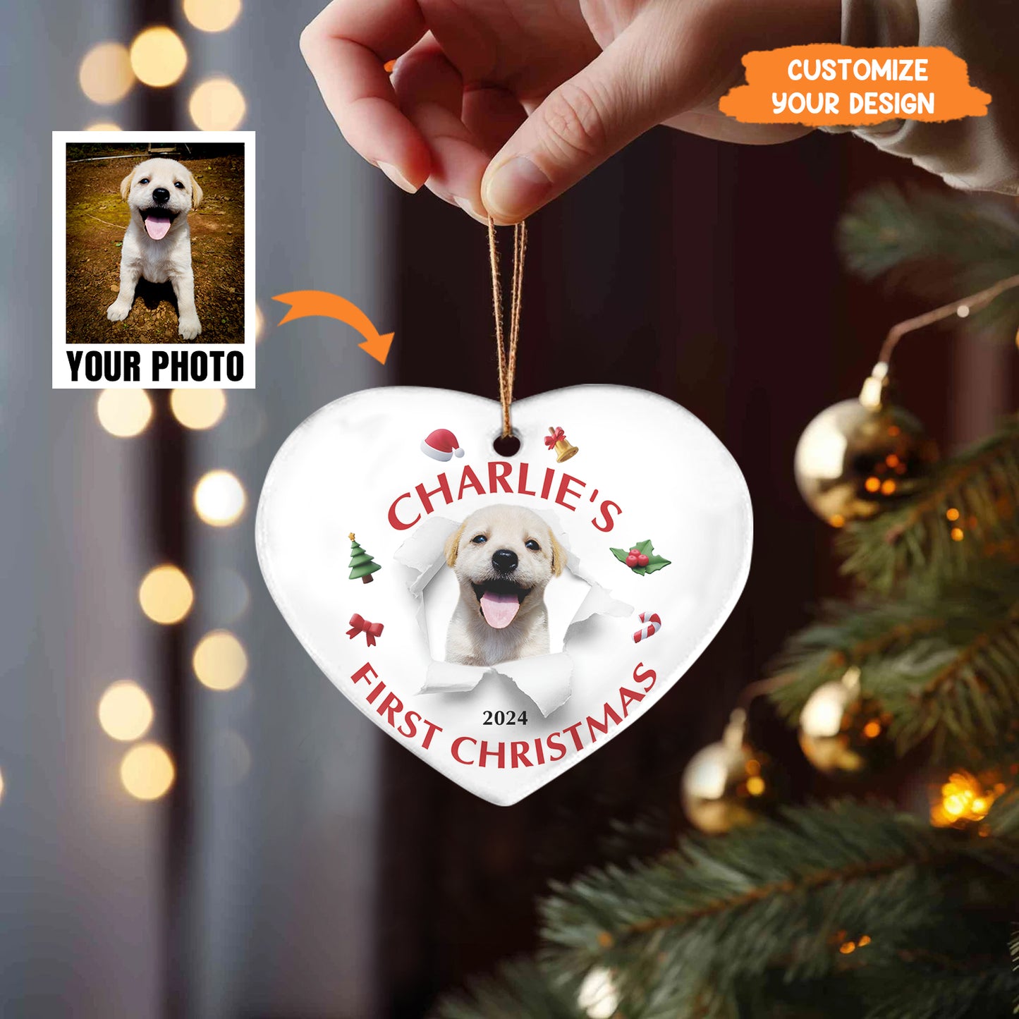 Petthouse | Personalize Dog Photo Ornament, Dog First Christmas, Dog Happy Anniversary, Custom Photo And Text