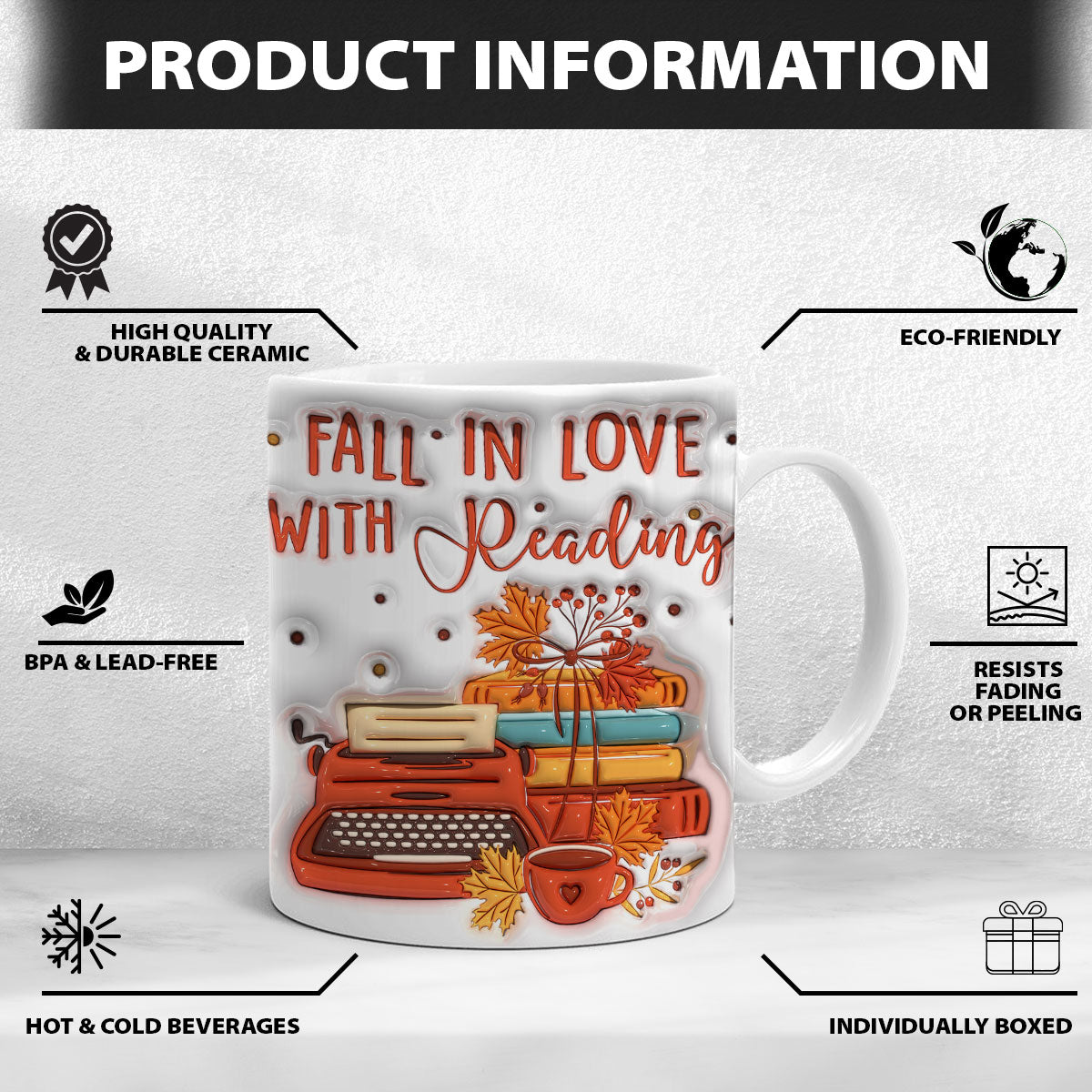 Petthouse | Hello Autumn Ceramic Mug, Fall In Love With Reading 3d Inflated Print Mug, Fall Autumn