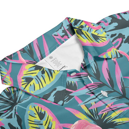 Petthouse | Flamingo With Modern Neon Tropical Polo Shirts Summer Leaves And Plants Seamless Pattern