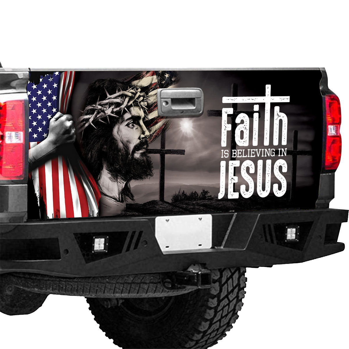 Petthouse | Jesus American Flag Tailgate Graphics Faith Is Believing In Jesus Tailgate Vinyl Us Independence Day Gift