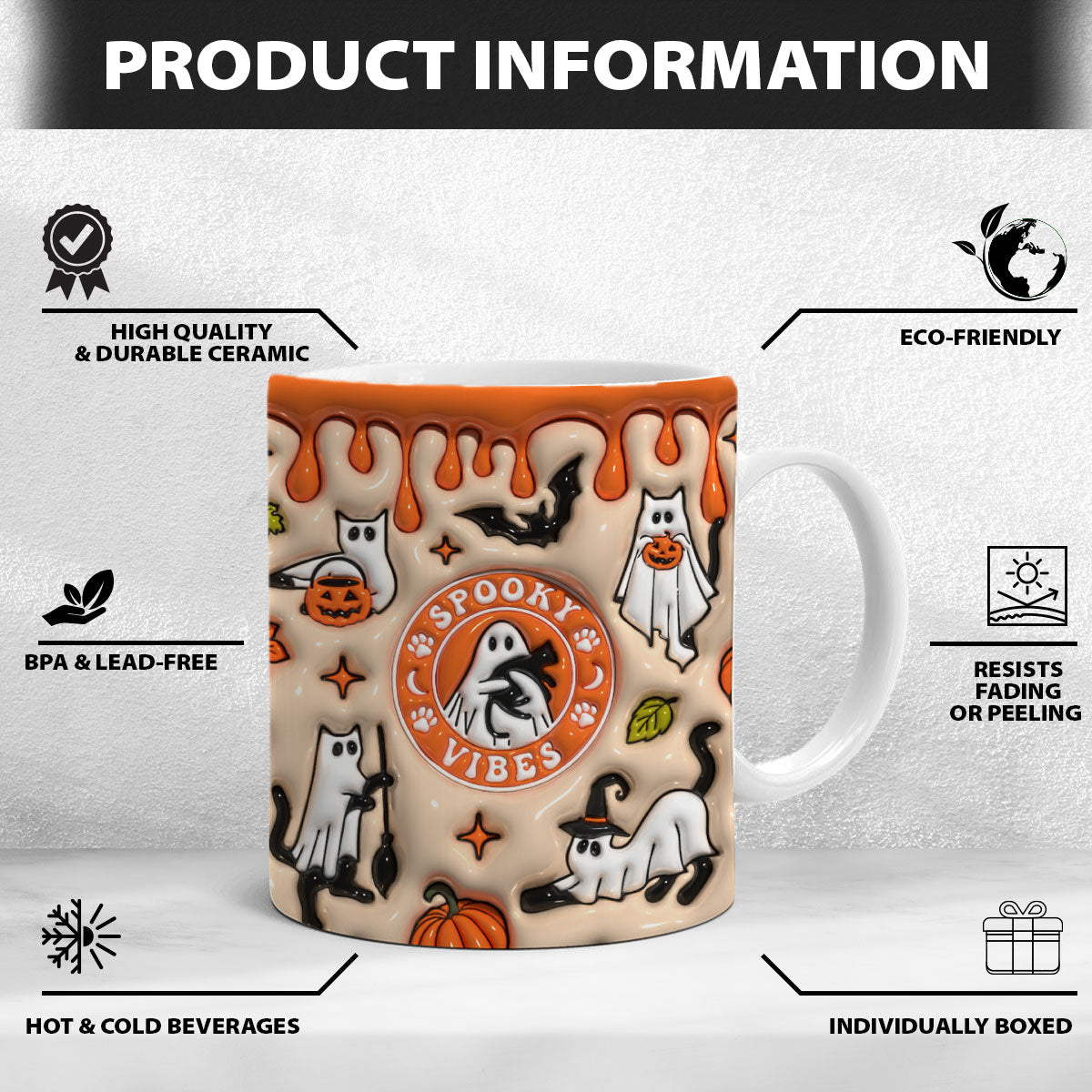 Petthouse | Halloween Cat Spooky Vibes Mug, Ghost Cat Halloween Inflated 3d Ceramic Mug, Spooky Vibes Mug