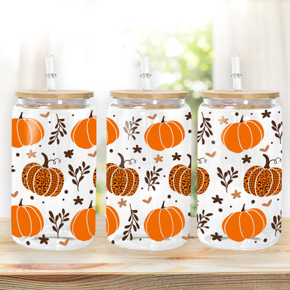 Petthouse | Fall Pumpkins Glass Can, Fall Pumpkins Glass Tumbler, Fall Coffee Glass, Leopard Pumpkin