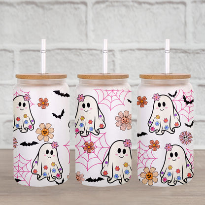 Petthouse | Spooky Ghost Glass Can, Cute Ghost Iced Coffee Glass, Flowers Halloween Glass, Fall Vibes