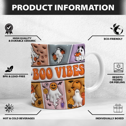 Petthouse | Boo Vibes Ceramic Mug, 3d Inflated Print Mug, Halloween Ghosts, Spooky Vibes Mug, Cute Boo Squad