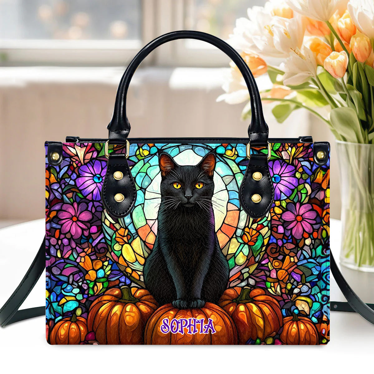 Petthouse | Personalized Black Cat Stained Glass Pattern Halloween Leather Handbag Wallet, Halloween Black Cat Handbag, Halloween Gift