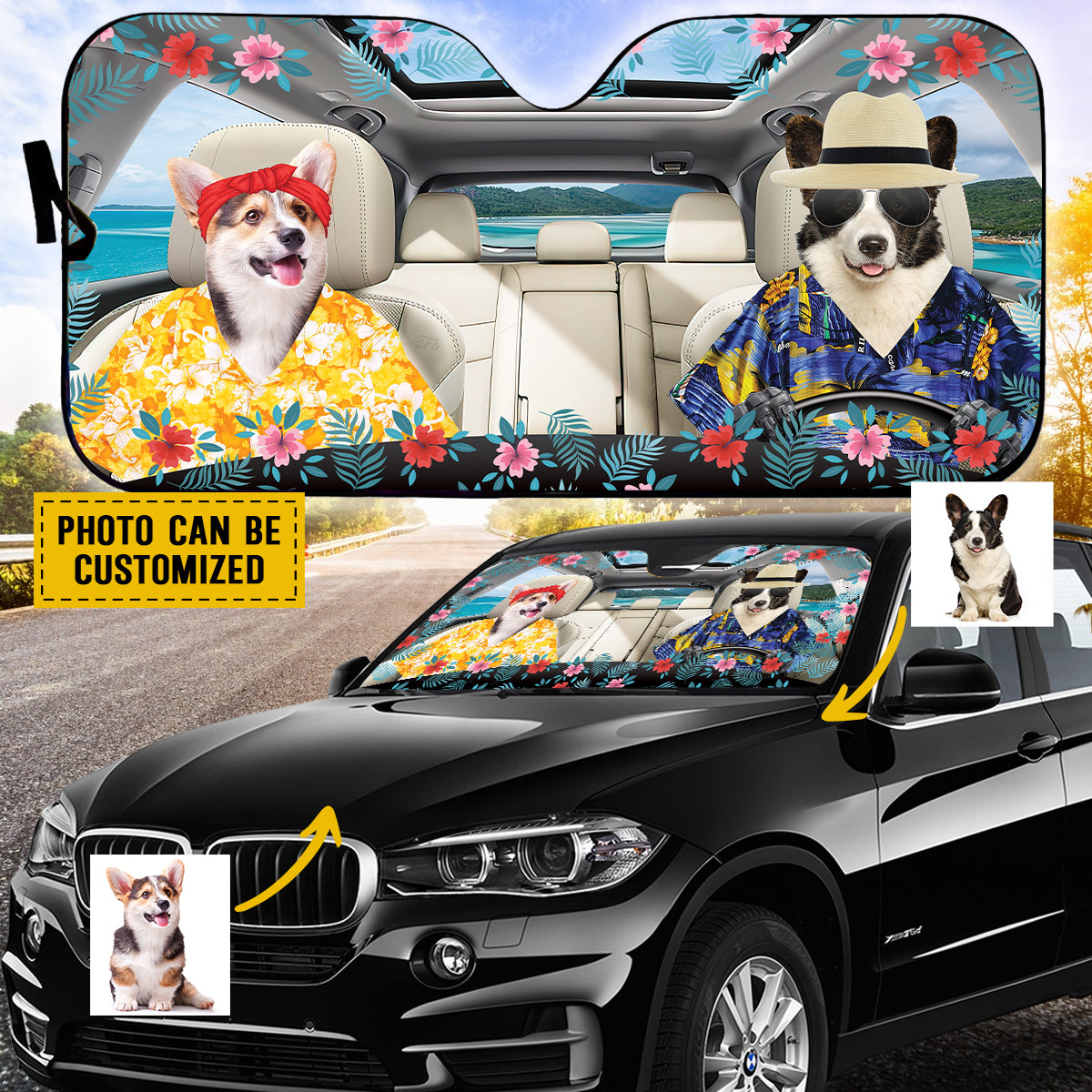 Petthouse | Dog Sunshade Custom Photo Personalized Windshield Sun Shade Corgi Hawaii Sunshade Summer