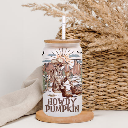 Petthouse | Personalized Skeleton Cowboy Howdy Pumpkin Glass Can, Western Cowboy Coffee Cup, Spooky Skeleton