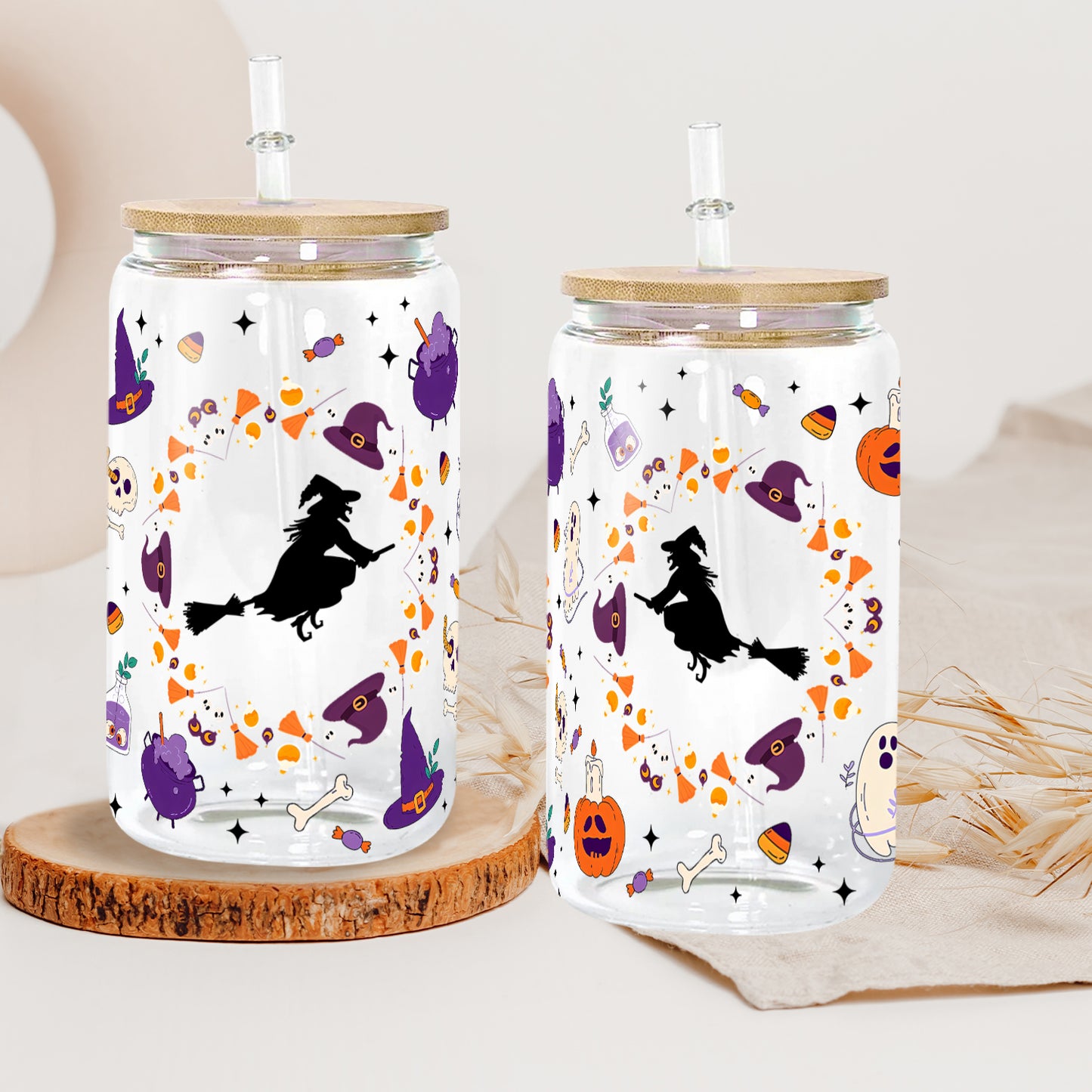 Petthouse | Halloween Vibes Glass Can, Witch Halloween Glass Cup, Cute Ghost Ice Coffee Cup, Halloween Gift