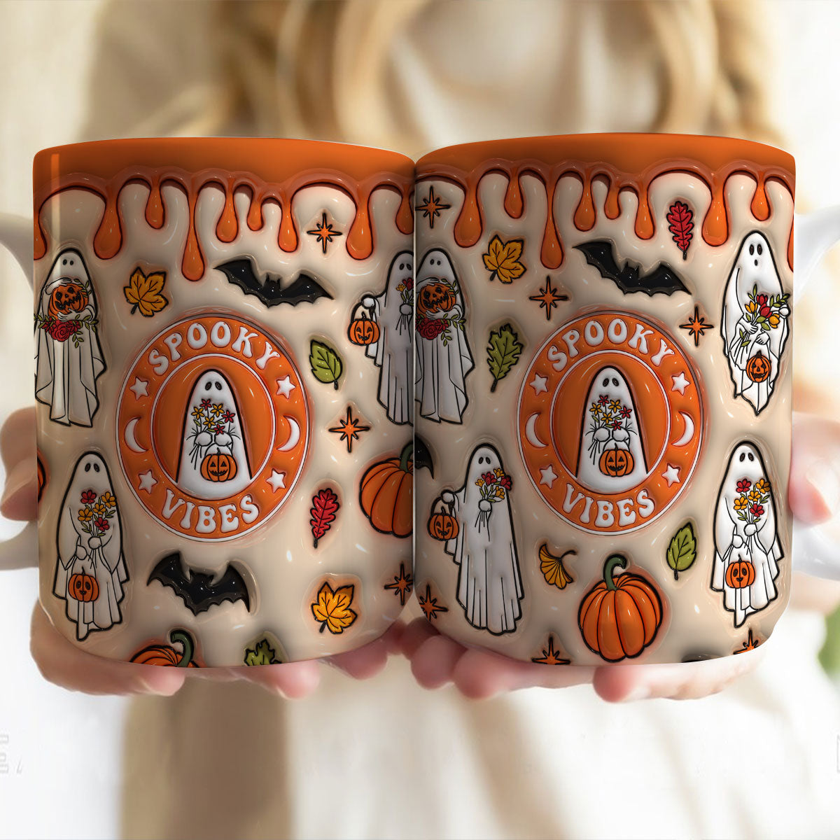 Petthouse | Ghost Spooky Vibes Ceramic Mug, 3d Inflated Halloween Ghosts Mug, Spooky Vibes Ghost