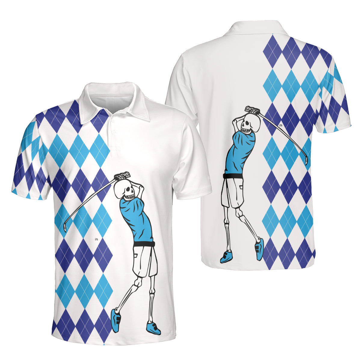 Petthouse | Skeleton Golfer Blue Argyle Pattern Polo Shirt Golf Sport Lover Polo For Mens Golf Players Gift Idea