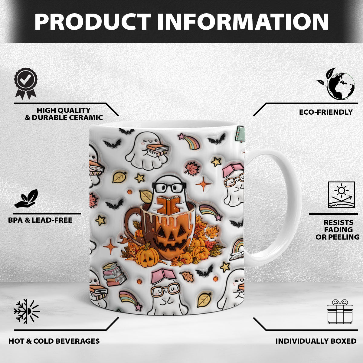 Petthouse | Bookish Ghost Pumpkin Inflated 3d Mug, Ghost Book Halloween Autumn Vibes, Ghost Reading Book