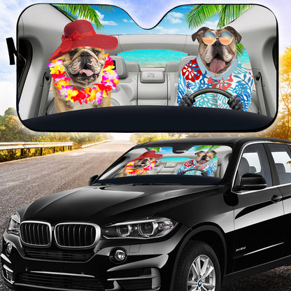 Petthouse | Bulldog Couple Driving Car Windshield Sun Shade Hawaii Summer Car Shade Front Windshield