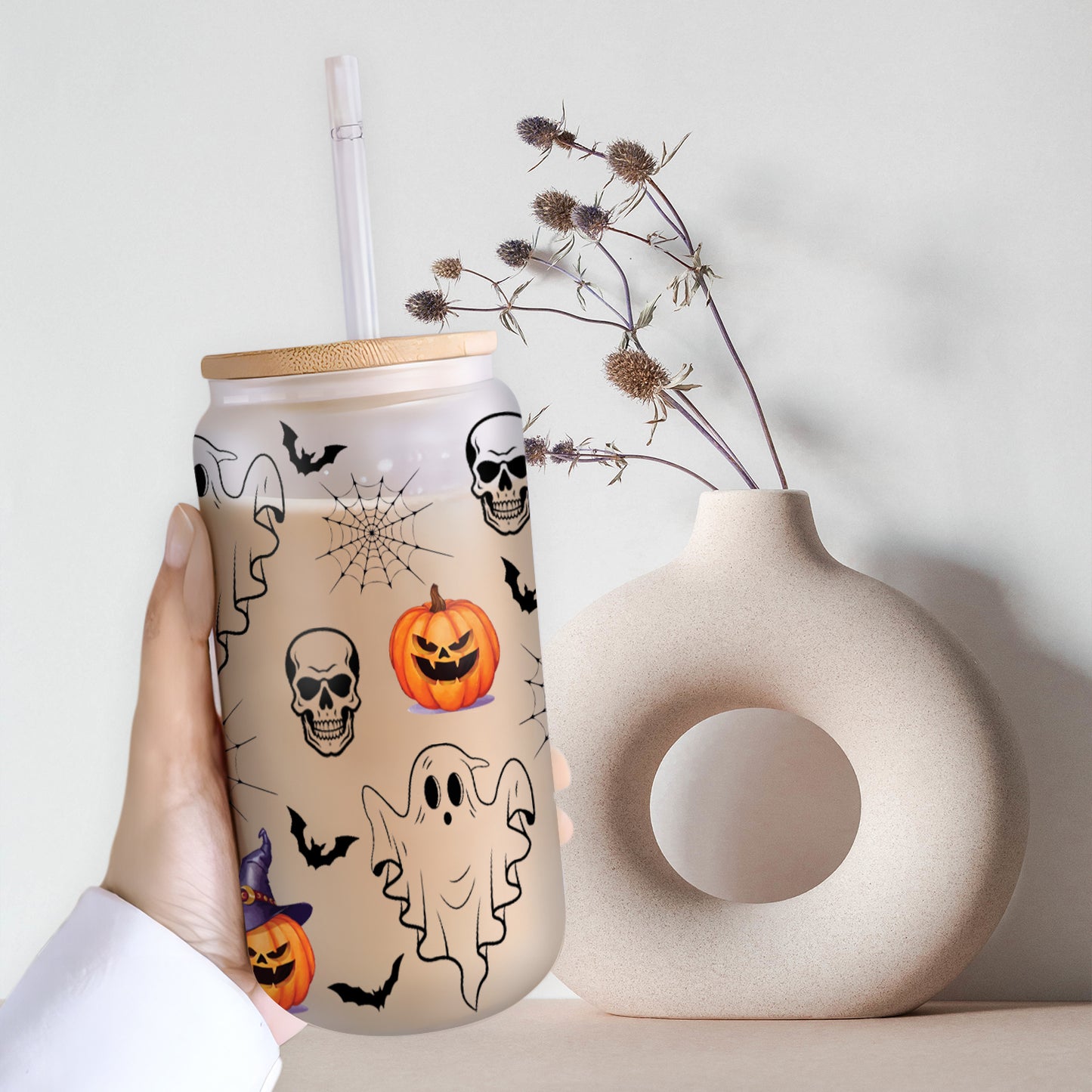 Petthouse | Ghost Halloween Glass Can, Skulls And Ghosts Glass Can, Spooky Season Pumpkin