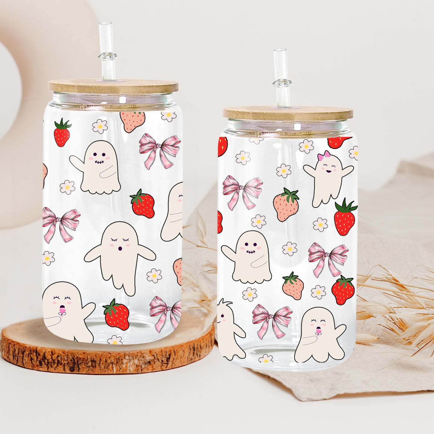 Petthouse | Strawberry Ghosts And Coquette Bows Glass Can, Cute Halloween Glass Can, Strawberry Ghost Cup