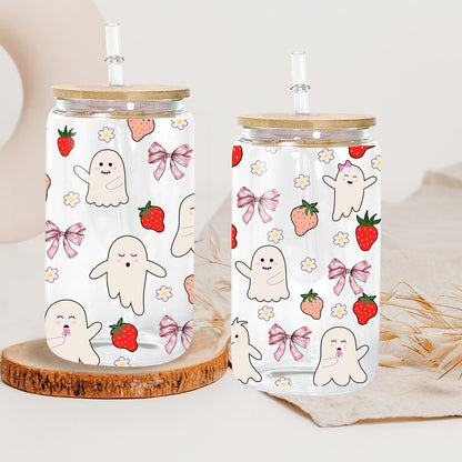 Petthouse | Strawberry Ghosts And Coquette Bows Glass Can, Cute Halloween Glass Can, Strawberry Ghost Cup