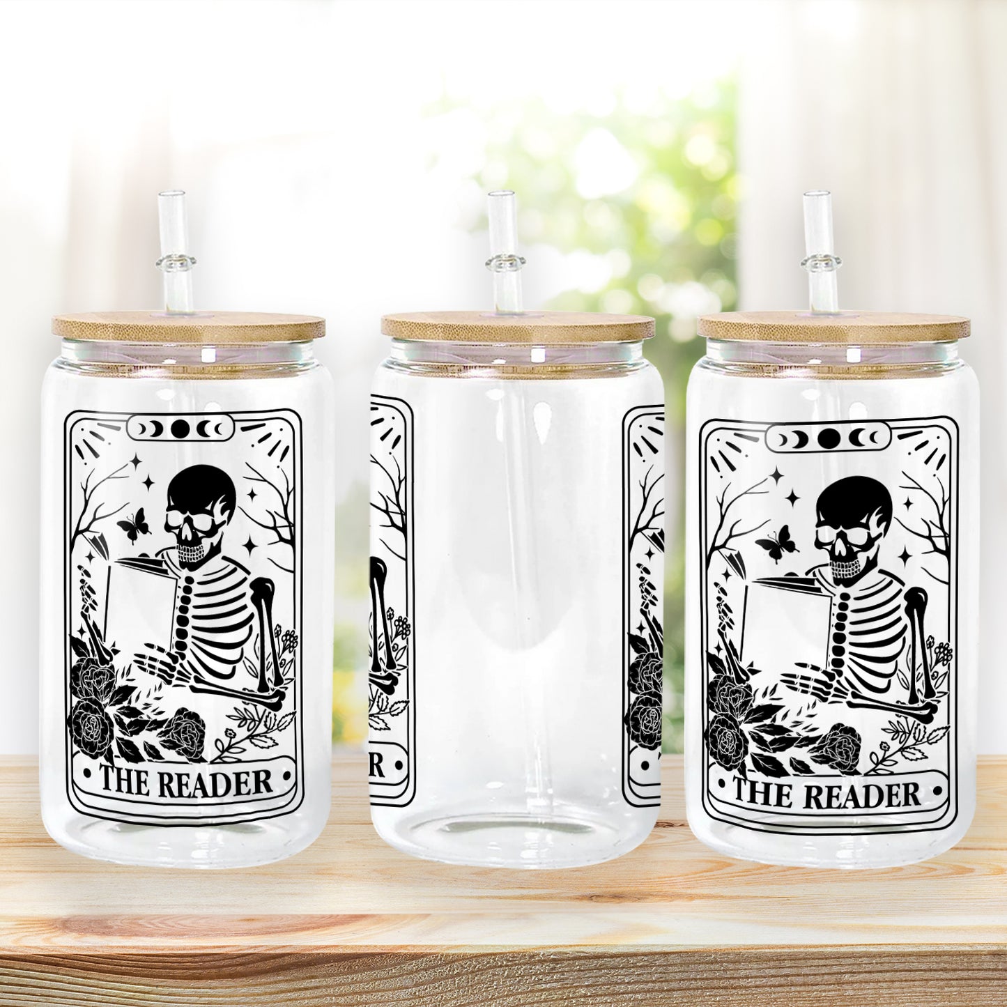 Petthouse | Skeleton Reading Glass Cup, The Reader Tarot Glass Can, Book Lover Gift, Tarot Lover Gift