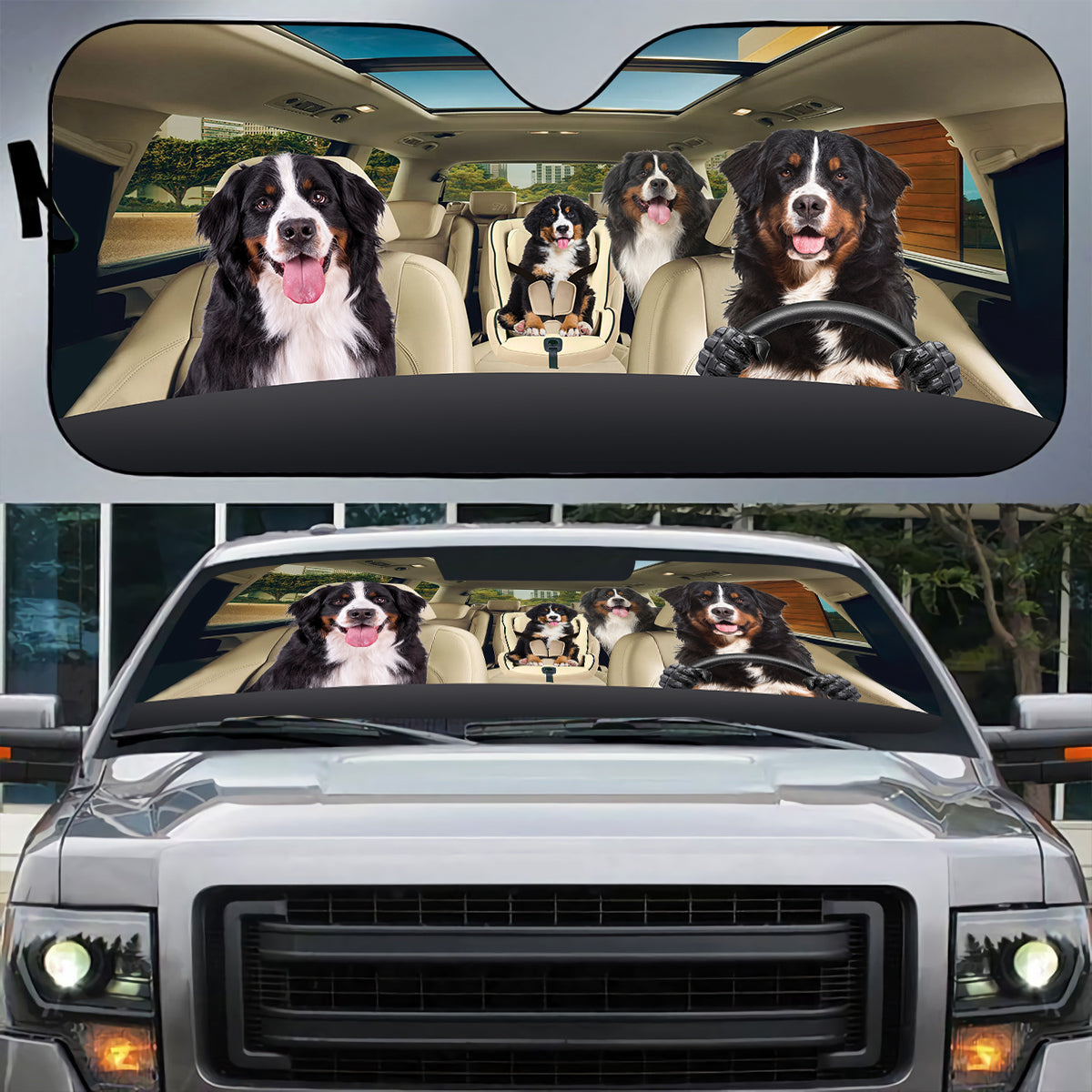 Petthouse | Bernese Mountain Family Driving Car Sunshades Dog Lovers Car Sun Visors For Windshield