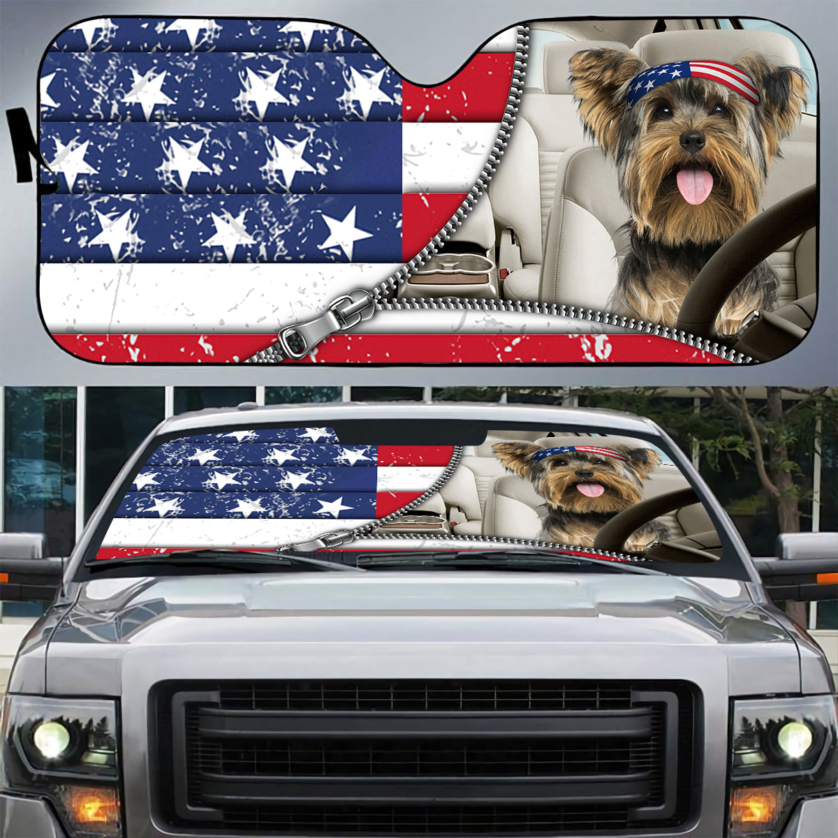 Petthouse | Yorkshire Terrier Dog Sunshade American Flag Windshield Sun Shade Car Sun Shade Windshield