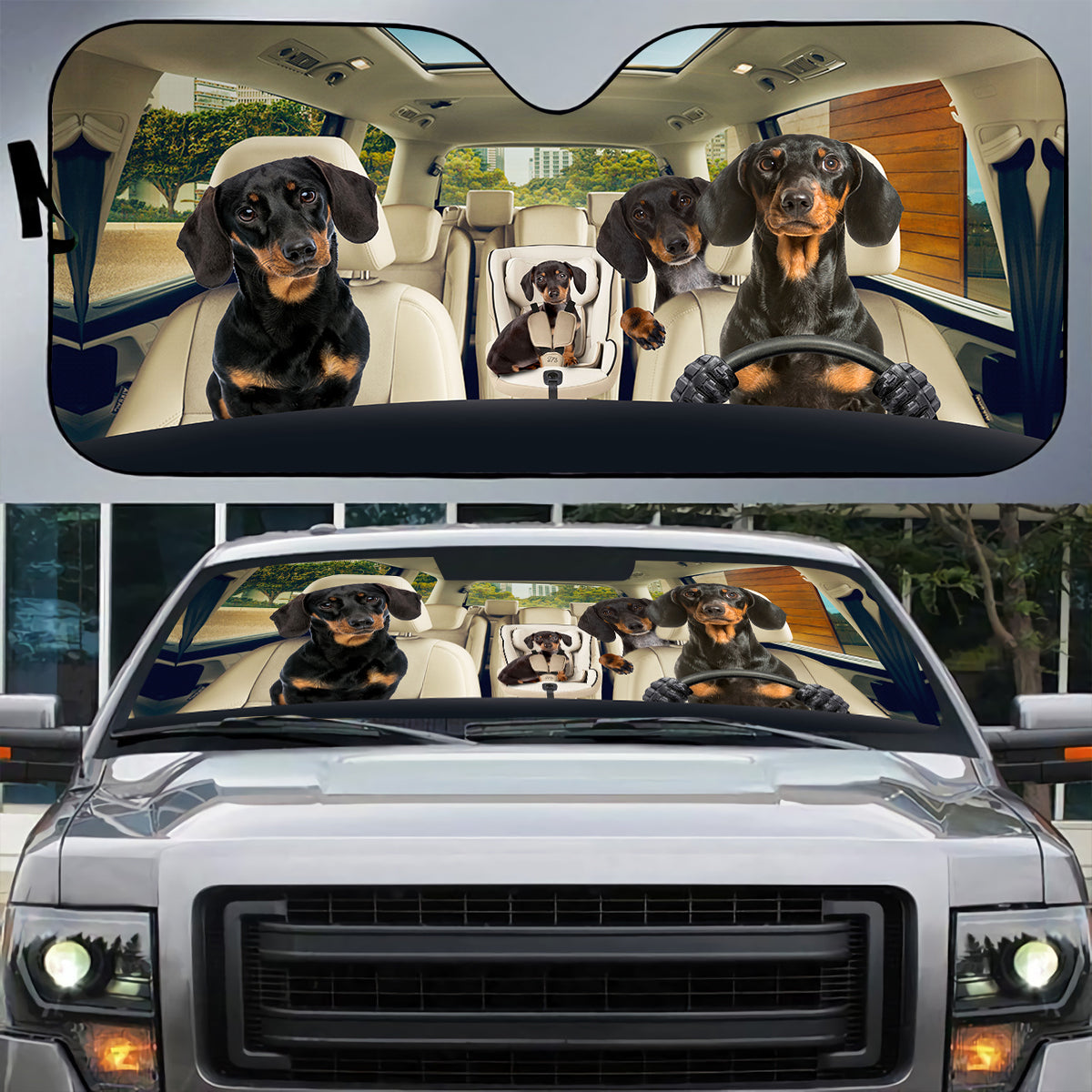 Petthouse | Black Dachshund Wiener Family Sunshade Dog Car Accessories Car Sun Visors For Windshield Dog