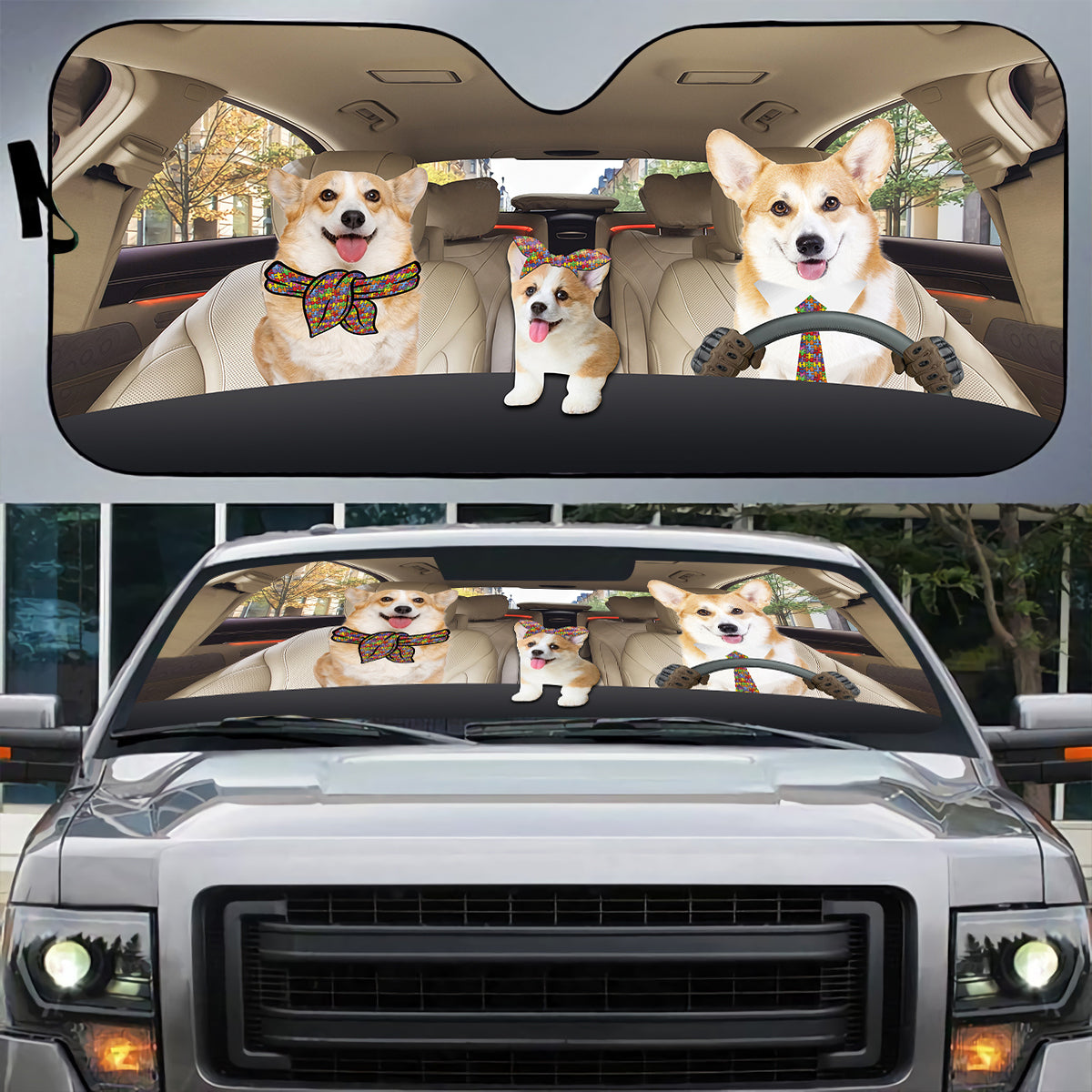 Petthouse | Autism Awareness Windshield Sun Shade Corgi Family Automotive Interior Sun Protection Autism