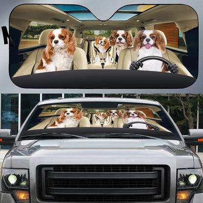 Petthouse | Red Cavalier King Charles Spaniel Family Driving Car Sunshade Fun Car Decoration For Dog Owners