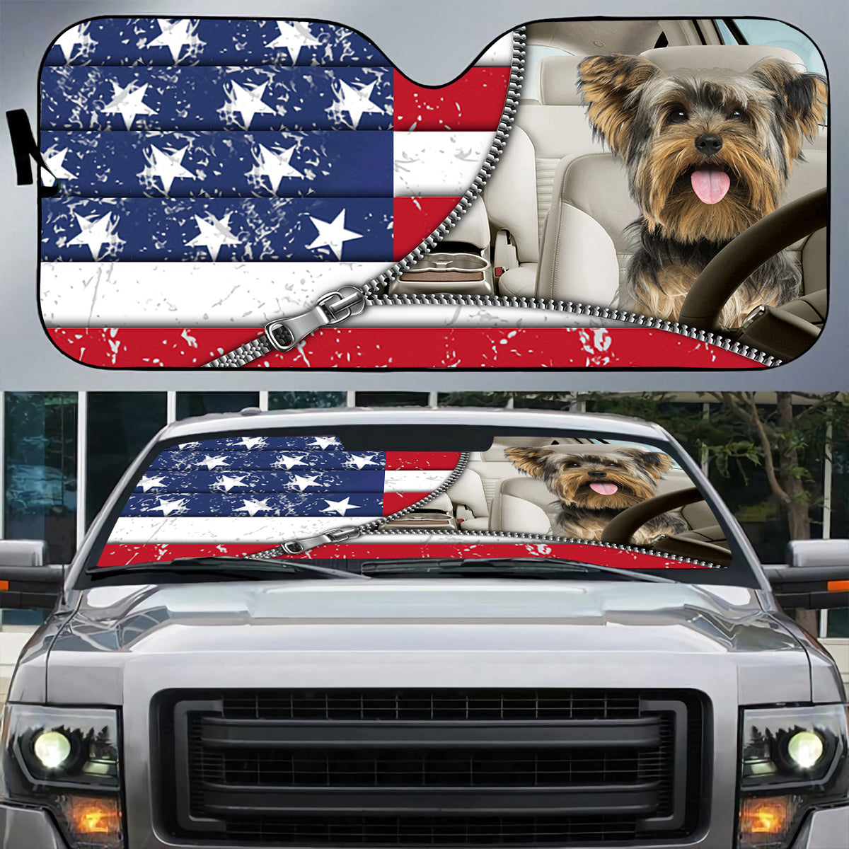 Petthouse | Yorkshire Terrier American Flag Sun Shade American Patriot Windshield Sun Shade Windshield Cover