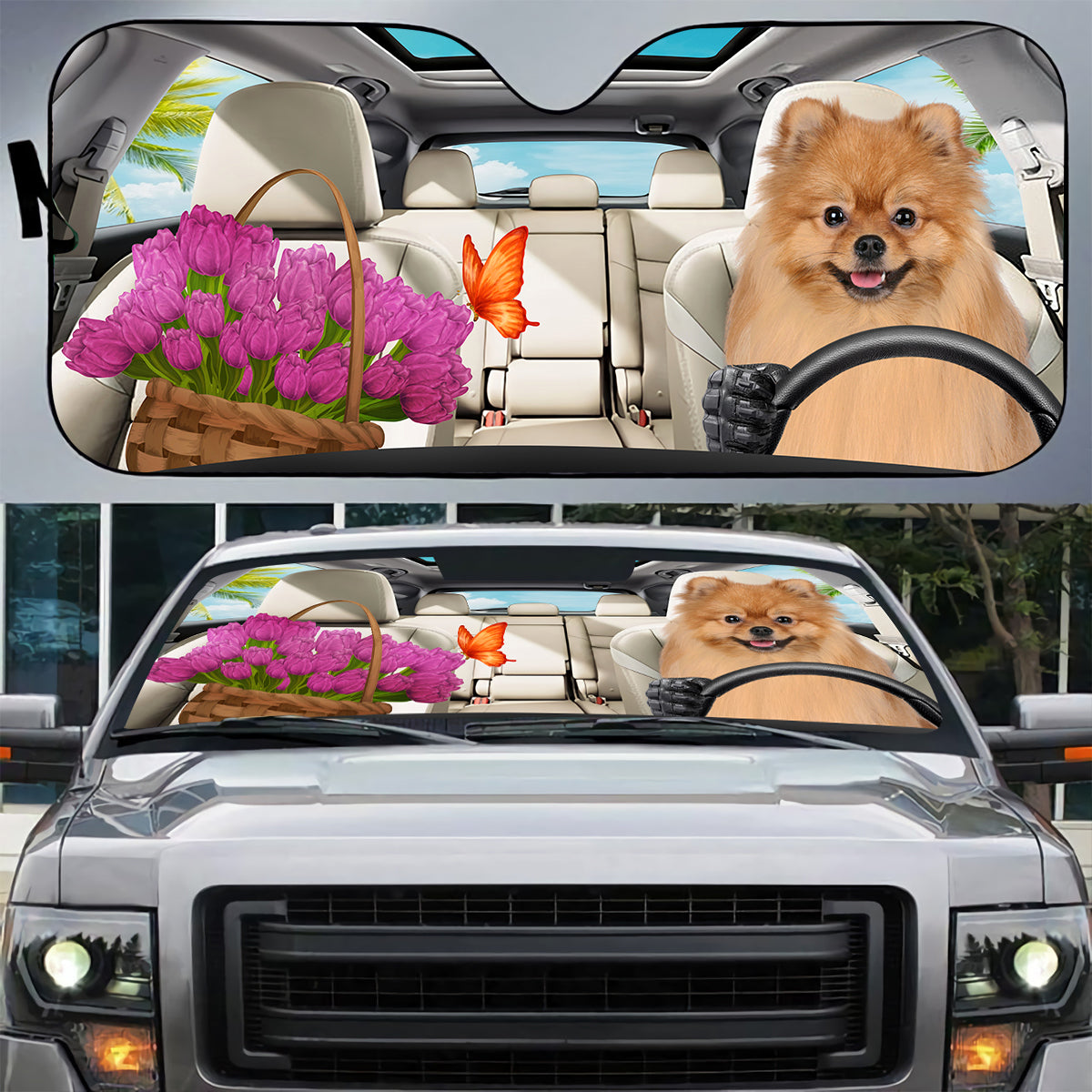 Petthouse | Pomeranian Dog Sunshade Dog And Tulips Windshield Sun Shade Windshield Cover Sun Shield