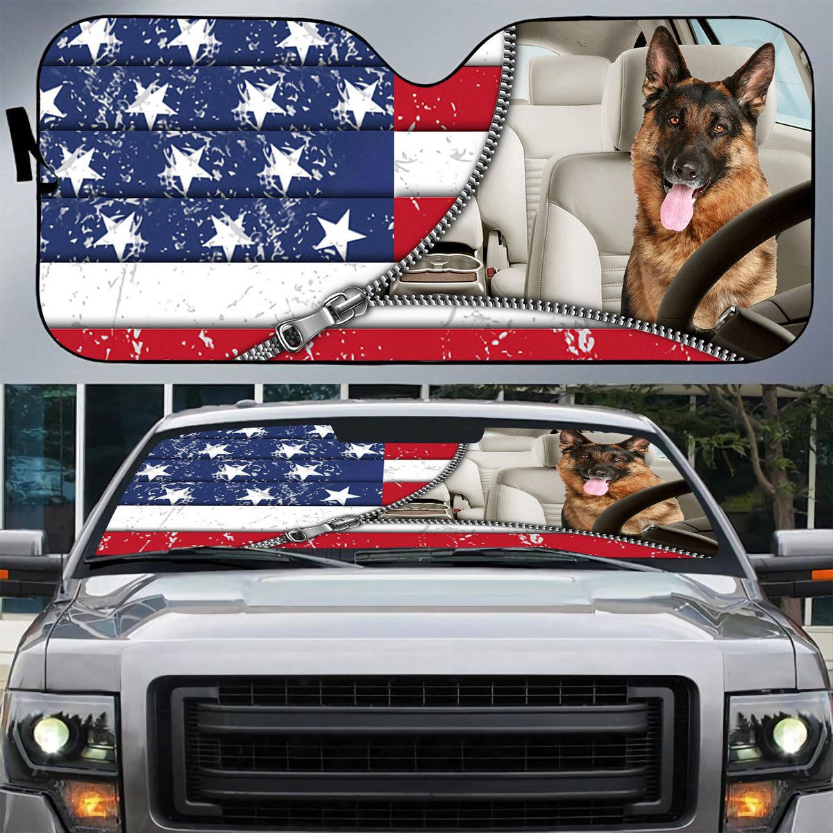 Petthouse | German Shepherd American Flag Windshield Sun Shade Patriotic Window Shade For Independence Day