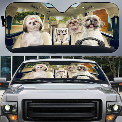 Petthouse | Shih Tzu Family Car Windshield Sunshade Dog On Vacation Car Driving Windshield Dog Lover Gifts