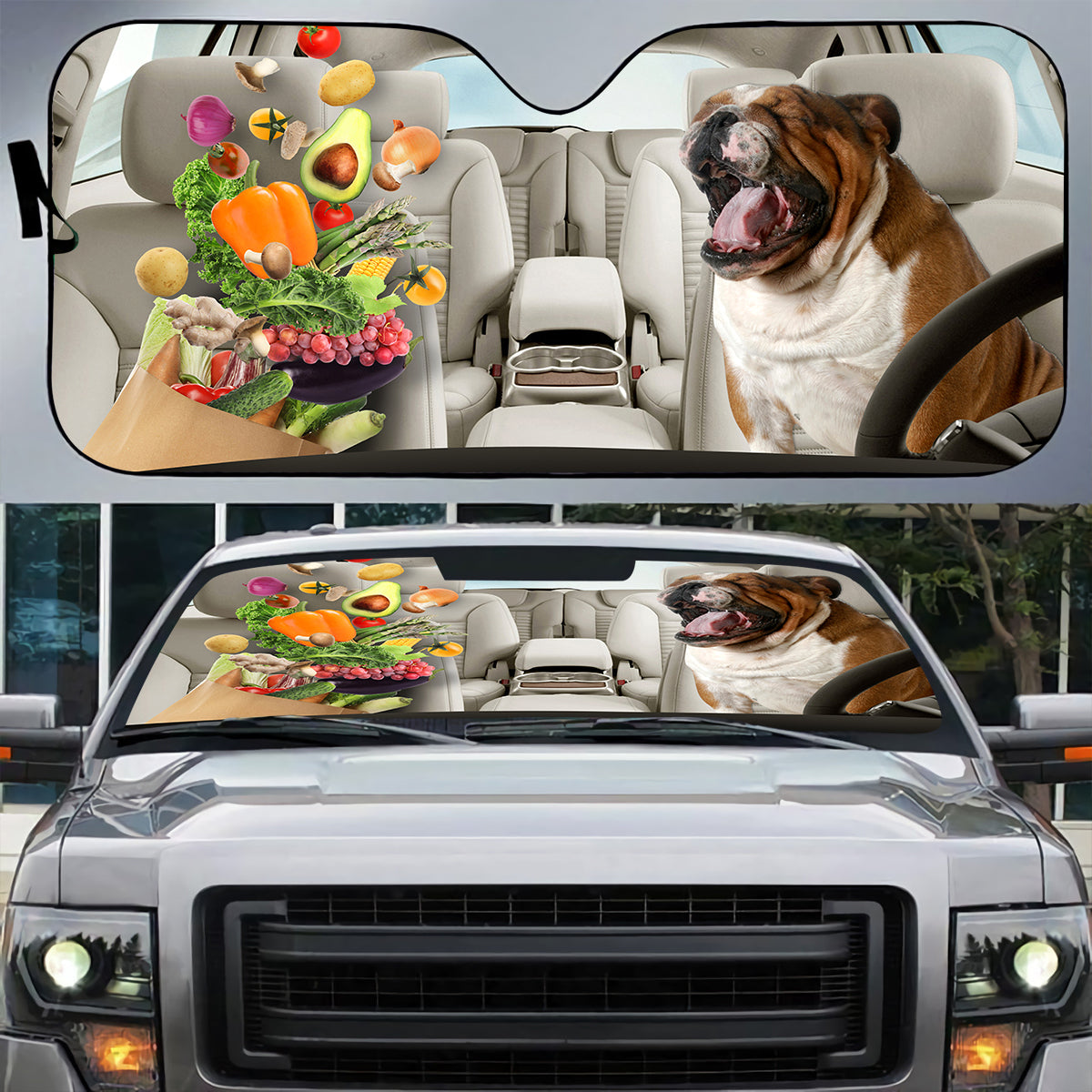 Petthouse | English Bulldog Sun Shade Funny Yelling Dog At Vegetable Windshield Sun Shade Sun Visor For Car