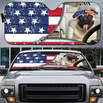 Petthouse | Pug Cute Dog Sunshade Car Sun Shade Windshield American Patriot Us Flag Sun Shield For Car