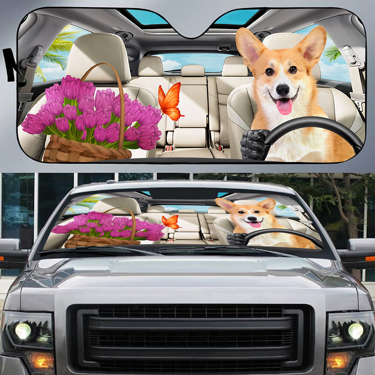 Petthouse | Corgi Dog Sunshade Windshield Sun Shade Dog And Flower Sun Visor For Car Windshield