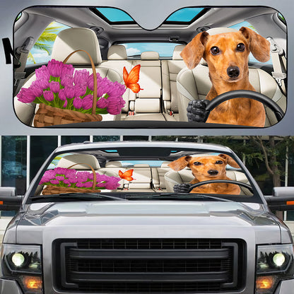 Petthouse | Dachshund Dog Windshield Sun Shade Funny Dog Driver Window Shade Tulip Basket For Beautiful