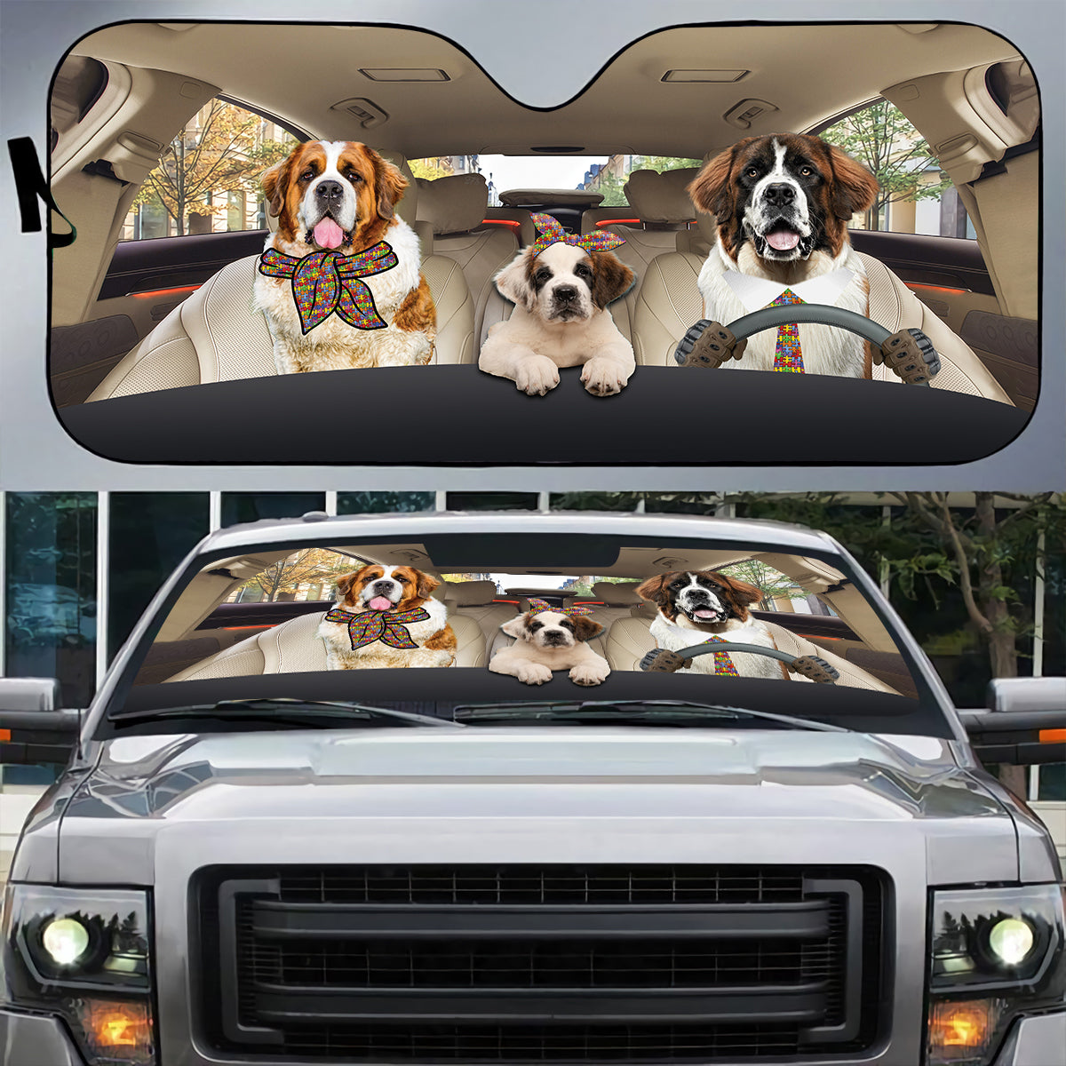 Petthouse | St Bernard Dog Car Windshield Sunshade Autism Awareness Sun Shade Car Windshield Car Decor