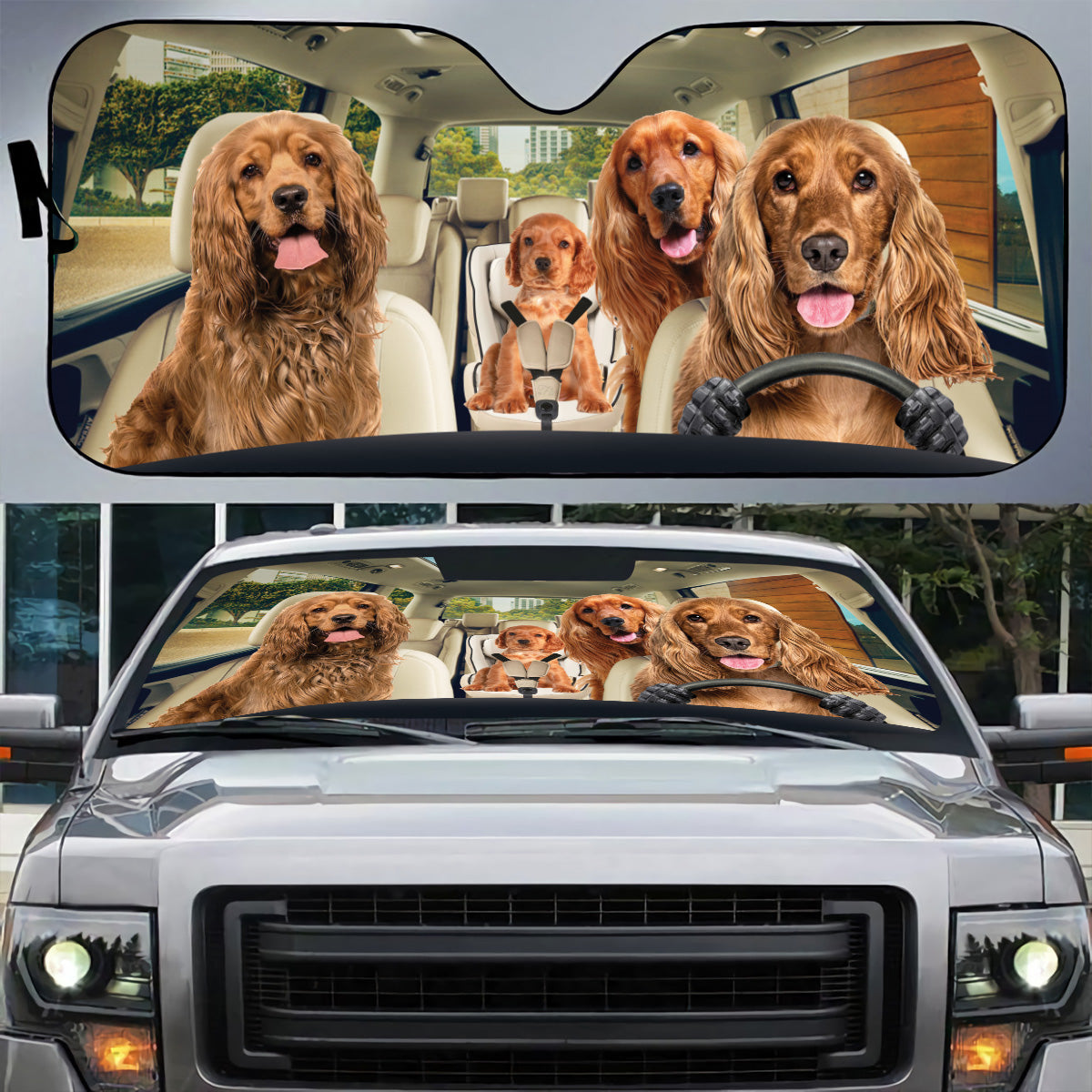 Petthouse | Red Golden English Cocker Spaniel Dog Family Car Sunshade Puppies Driver Funny Decor Golde