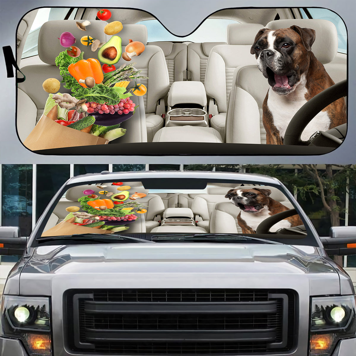 Petthouse | Boxer Go Shopping Windshield Sun Shade Funny Boxer Face Windshield Visor Vegetarian Dog