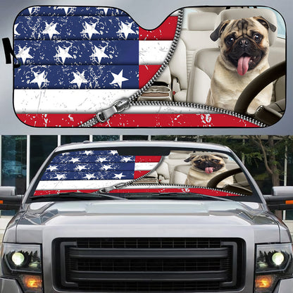 Petthouse | Pug Dog Car Sun Shade Windshield American Flag Truck Dog Sunshade The Patriot Gift Dog Lover