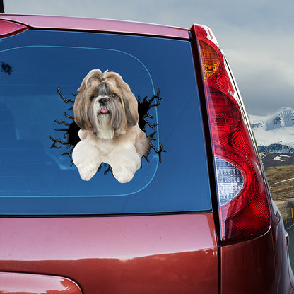 Petthouse | Long Coat Shih Tzu Vinyl Decal Dog Inside Big Crack Hole Print Sticker Fun Car Decor Peel