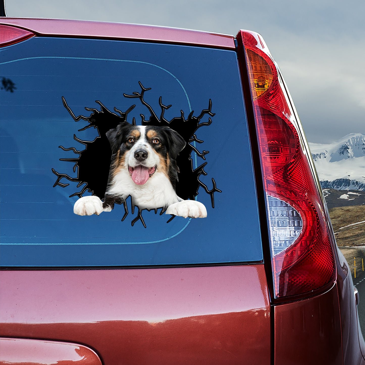 Petthouse | Australian Shepherd Dog Vinyl Decal Sticker Dog In Big Hole Crack Laptop Sticker Car Window Decor