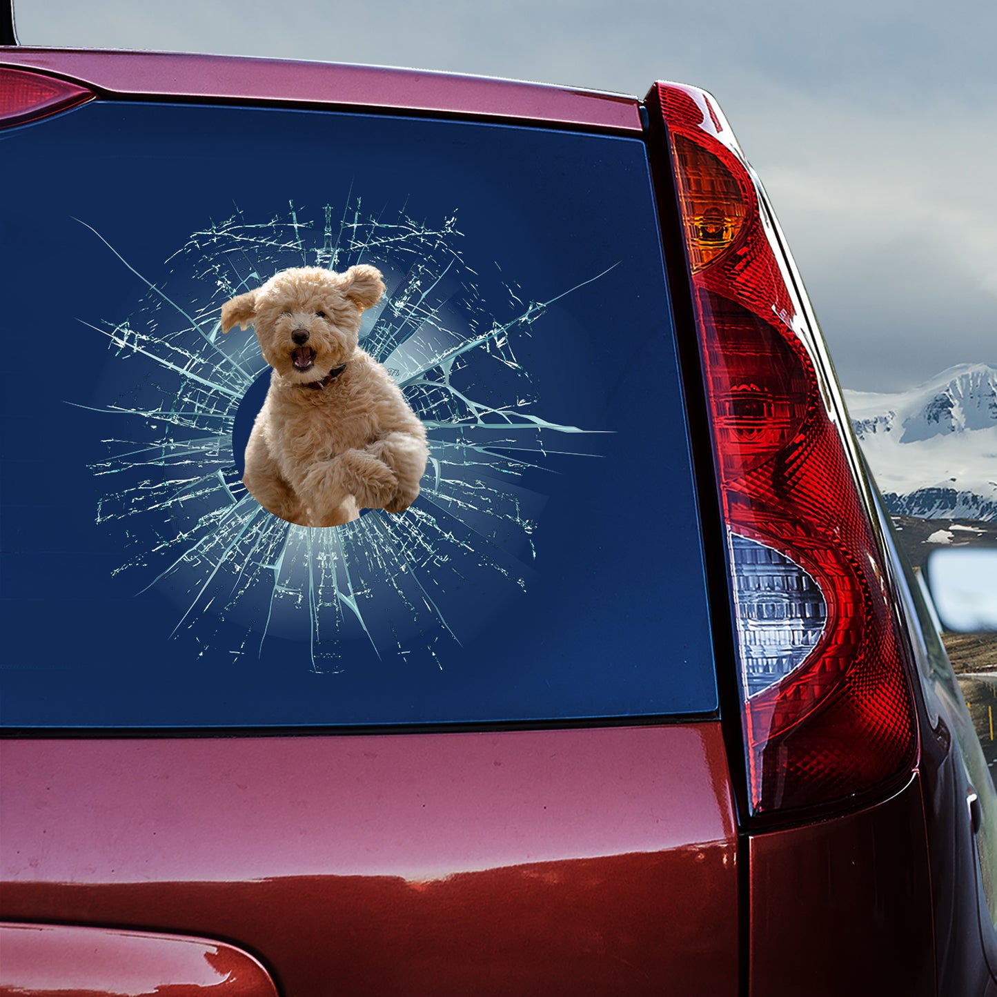 Petthouse | Funny Goldendoodle Dog Jumping Car Stickers Dog Running Cracked Glass Decal Fun Car Decoration