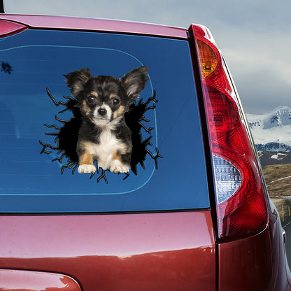 Petthouse | Black Long-haired Chihuahua Dog Car Decals Crack Effect Print Sticker Fun Car Decor Dog Lovers