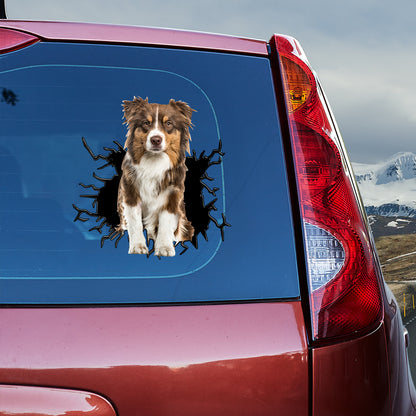 Petthouse | Brown Australian Shepherd Vinyl Decal Dog Peeking Out Crack Hole Sticker For Dog Lovers