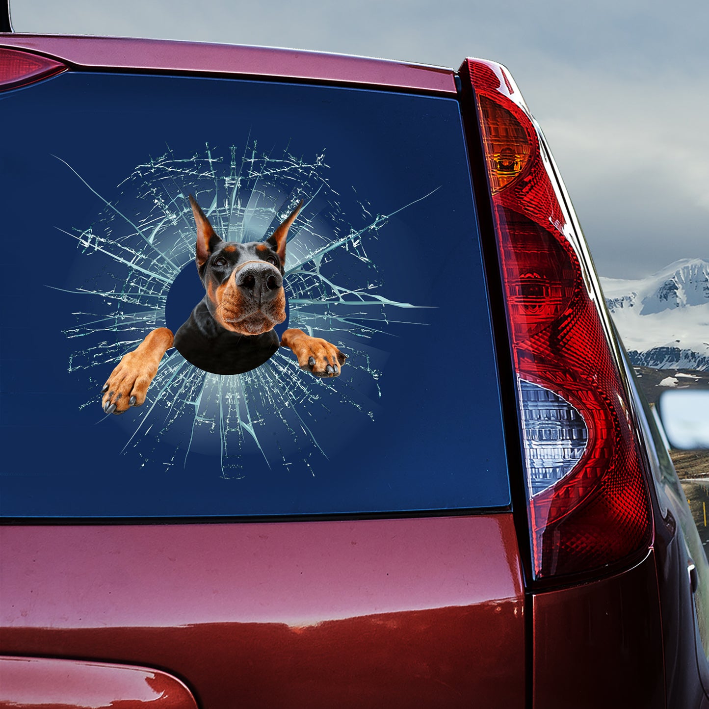 Petthouse | Dobermann Funny Face Printed Decal Dog Inside Crack Hole Effect Car Sticker Dog Owner Car Decor